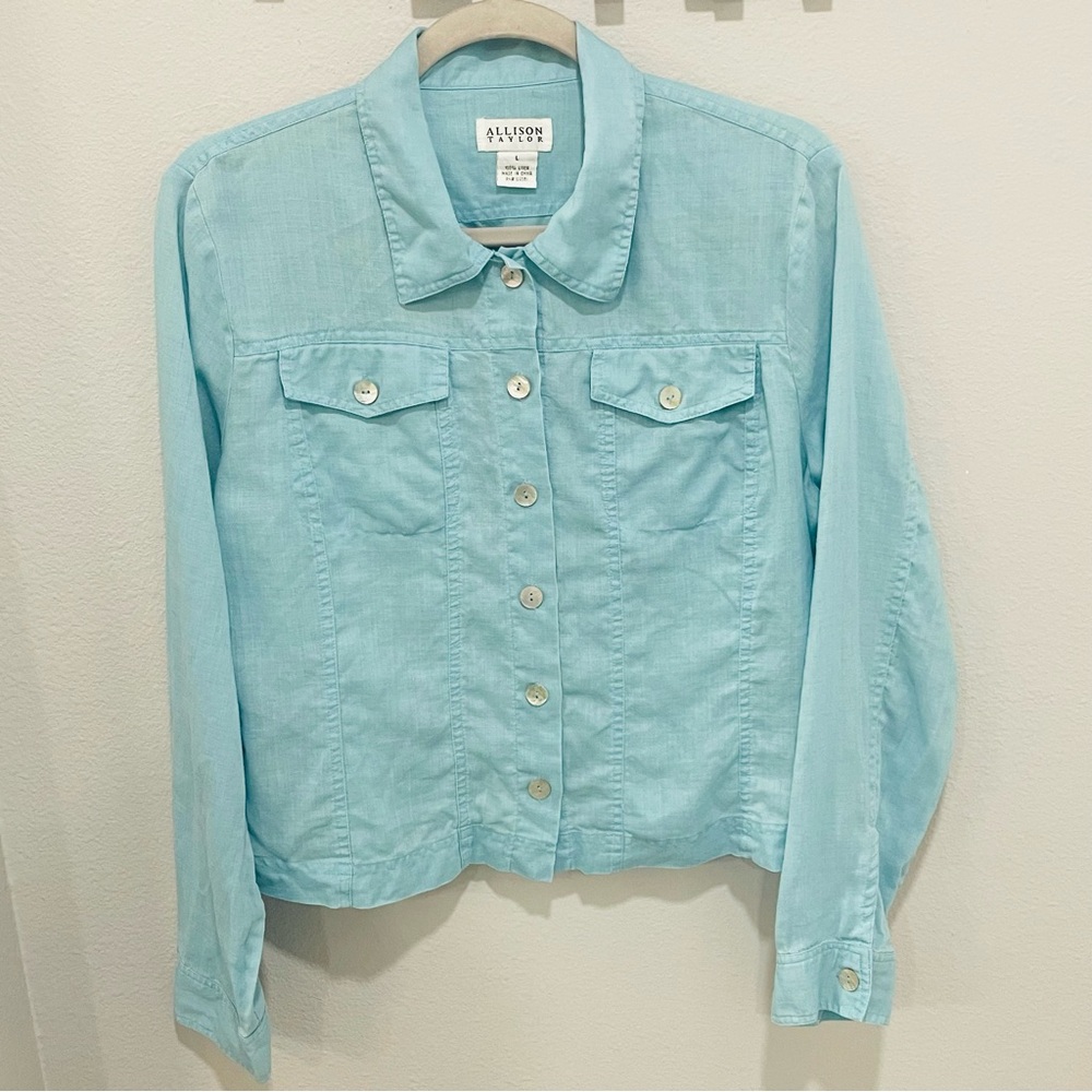 Allison Taylor Linen Long Sleeve Baby Blue Button Down Shirt Womens Size L
